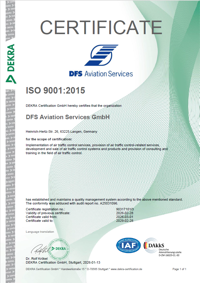 Preview of ISO Certificate DFS Aviation Services GmbH 2026 english